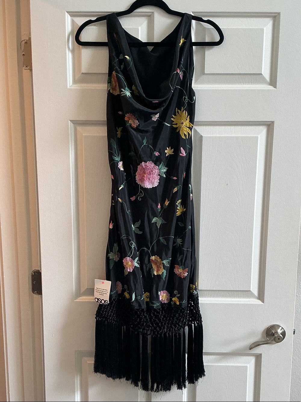 ASOS Black Floral Midi Dress with Fringe